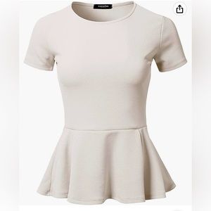 SSOULM Women's Stretchy Short Sleeve Flare Peplum Blouse Top. White, Small